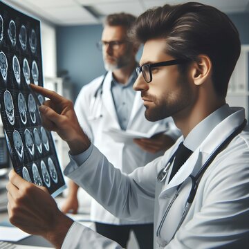  Side view of male doctor studying MRI results. Male specialist working in hospital, carrying out description of the radiographs of patient, pointing by pen. Specialist wearing glasses and white robe.