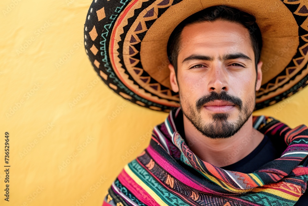 Wall mural Beautiful young mexican man wearing sombrero and poncho on yellow background