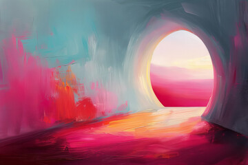Bright, abstract impressionistic view from the empty tomb, with vivid colors and dynamic brushstrokes.