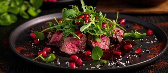 Meat salad and pomegranate canape.