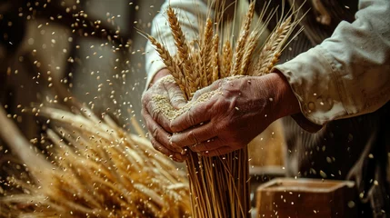 Poster Close-up of hands holding wheat sheaves with grains scattering around, depicting harvest and agriculture. © Miodrag