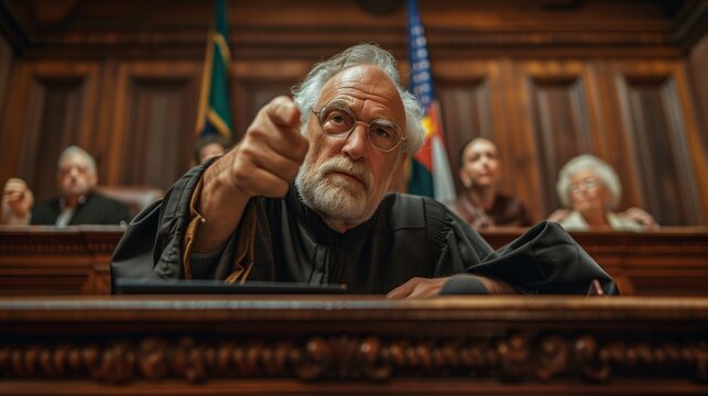 a judge with a beard is pointing at the camera in a courtroom . High quality
