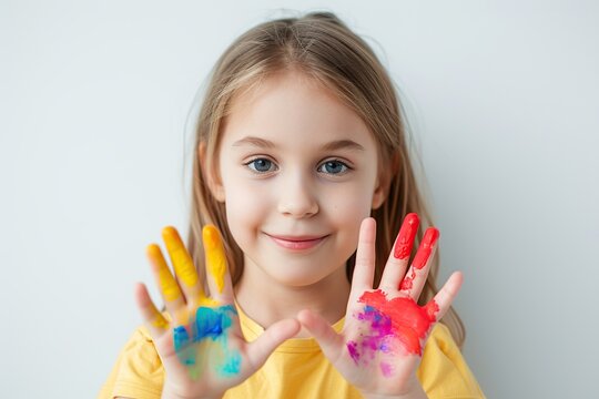 Child showing hands painted in colorful paints