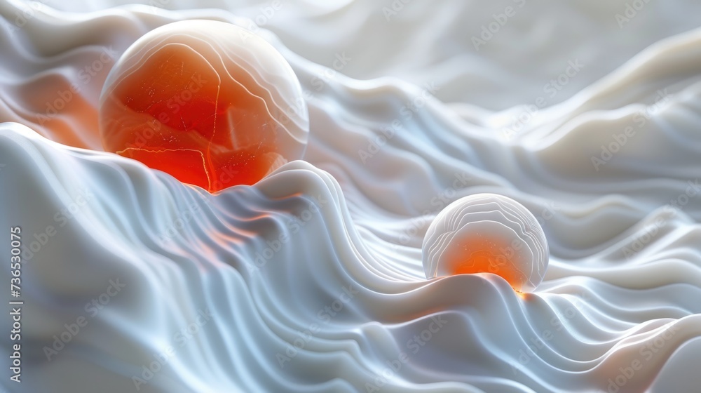 Poster computer generated image of orange ball in water. generative ai.