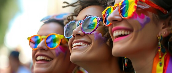 Three joyful people wearing colorful sunglasses and face paint, celebrating at a festive event, embodying happiness and diversity.