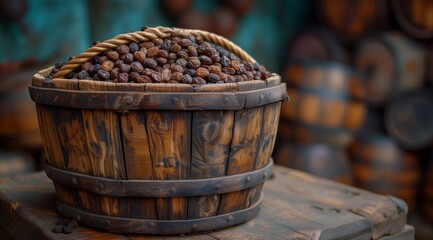 A wicker storage basket filled with coffee beans is placed on a wooden table