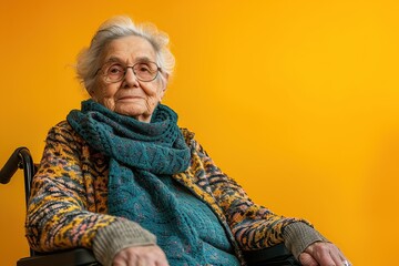 Portrait of disabled senior woman sitting in wheelchair on yellow background