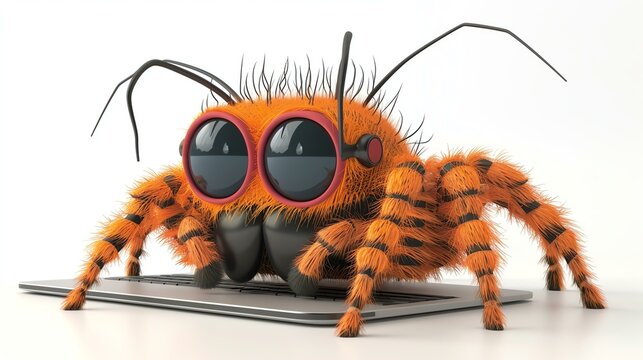 A delightful 3D spider, adorned with an adorable smile and equipped with multiple legs, showcasing its expertise as a skilled web developer. This creative and charming stock image represents