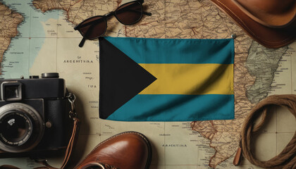 Bahamas flag lies on the map surrounded by camera, glasses, travel and tourism concept