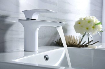 Modern bathroom faucet with flowing water, white sink, and decorative flower.