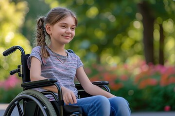 Fototapeta na wymiar Disabled little girl sitting in wheelchair in the park