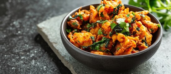 Indian appetizer deep-fried dish called Veg Pakora served in a gray bowl on a concrete table, as a part of Asian cuisine.