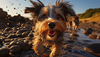 Cute terrier puppy playing in the water, enjoying the summer generated by AI