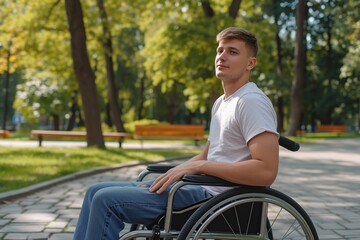 Young man in wheelchair in the park