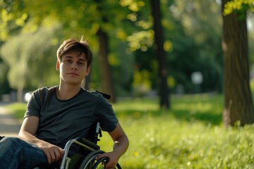 Fototapeta premium Young man in wheelchair in the park