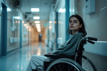 Disabled young woman sitting in wheelchair in hospital