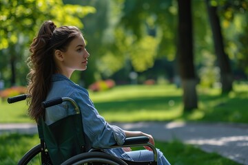 Fototapeta na wymiar Young woman in wheelchair in the park