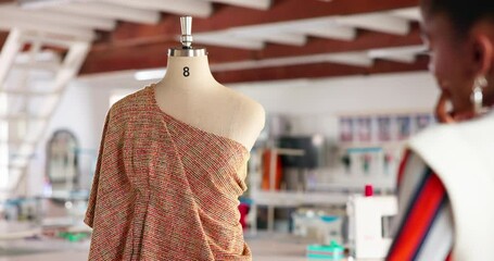 Black woman, fashion designer and mannequin with garment for stylish outfit, size or apparel at workshop. African female person, tailor or seamstress with model or template for clothing production