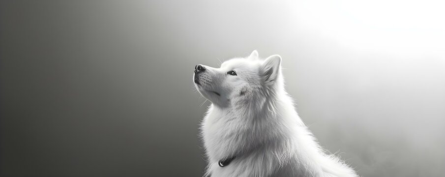 Graceful Samoyed Canine Poised Stylishly on a Serene Gray Background. Concept Elegant Dog Pose, Samoyed Beauty, Stylish Canine, Serene Photography, Graceful Gray Background