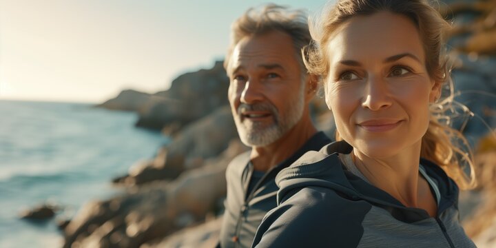 Close up middle aged cheerful couple running in sports clothes on sunny morning along the sea shore leading healthy active lifestyle