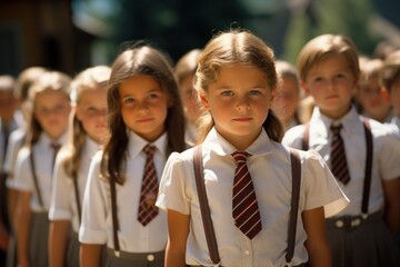 Fototapeta premium A group of young girls standing side by side, posing for the camera with smiles on their faces.