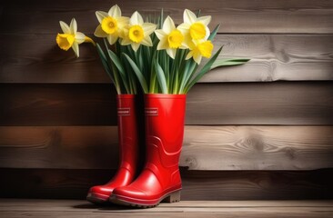 A bouquet of daffodils in red rubber boots in the form of a vase on a wooden background. Creative spring composition. Space for text.