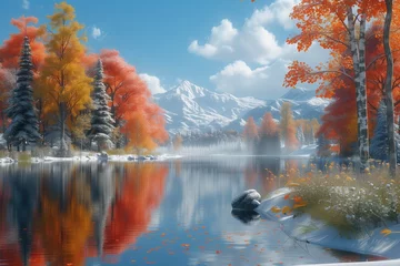 Papier Peint photo Gris autumn landscape with lake