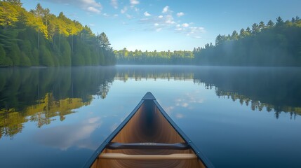 A serene canoe journey on a serene lake, as the gentle sunrays create a mesmerizing mirror-like illusion on the water, evoking a profound sense of calmness and serenity.