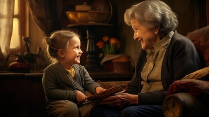 Old grandmother smiling while talking to her young grandchild on a sofa in an old house created with Generative AI