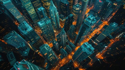 High angle view of city at night with skyscrapers and big buildings - Powered by Adobe