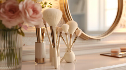 A stunning mockup showcasing a luxurious premium makeup brush set on a glamorous vanity. Highlighting the impeccable quality and exquisite design of the brushes, this image is perfect for hi - obrazy, fototapety, plakaty
