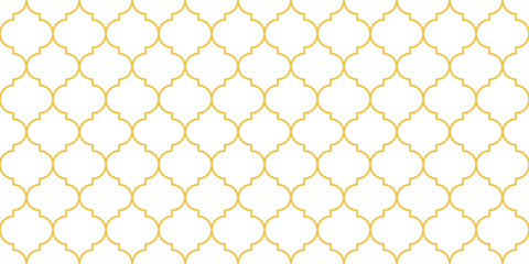 Moroccan Seamless Pattern. Gold Turkish Mosque Window Shape. Arabic Mosaic Golden Background. Eid Mubarak Muslim Ornament. Ramadan Kareem Islamic Illustration © Good Goods