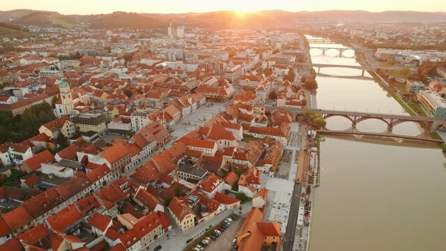 Maribor cityscape aerial view at sunrise, Slovenia