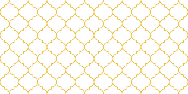 Moroccan Seamless Pattern. Gold Turkish Mosque Window Shape. Arabic Mosaic Golden Background. Eid Mubarak Muslim Ornament. Ramadan Kareem Islamic Illustration
