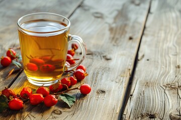 Glass with rose hip tea on wooden background