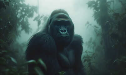 a west african mountain gorilla sits in a jungle habitat filled with mist - 736533290