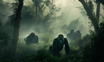 african mountain gorrillas in their misty jungle habitat - 736533464