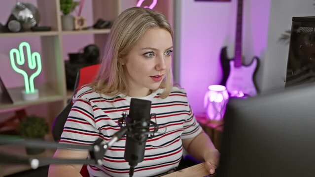 Blonde bombshell gaming streamer on a roll! young woman with skyrocketing success, has lightbulb moment and pointed finger up. joyful, in her gaming room, enjoying the number one spot.