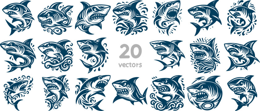 angry shark simple vector monochrome drawing on white background collection of images