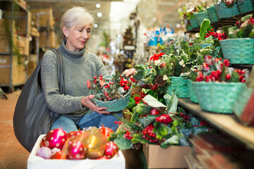 Senior woman choosing christmas decorations in home goods store.