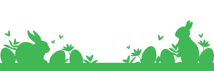 Easter banner with Easter bunnies and Easter eggs hidden in the grass with flowers and butterflies. Isolated on a transparent background with an empty space for a banner, website design, decorations
