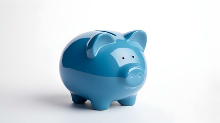 Blue Piggy Bank on a white Background. Business Template with Copy Space