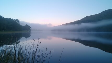 Serene dawn scene at a mist-covered lake, bathed in a gentle, otherworldly glow by the emerging sun.