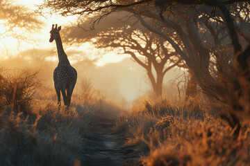 Protecting wildlife habitats and migration corridors portraying an adult giraffe standing in an African savannah next to tall acacia trees spring sunset.  - obrazy, fototapety, plakaty