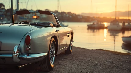 Zelfklevend Fotobehang Immaculately restored vintage car graces a scenic backdrop, showcasing timeless elegance and automotive artistry. © Creative