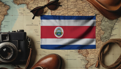 Costa Rica flag lies on the map surrounded by camera, glasses, travel and tourism concept