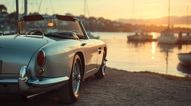 Fototapeta Immaculately restored vintage car graces a scenic backdrop, showcasing timeless elegance and automotive artistry.