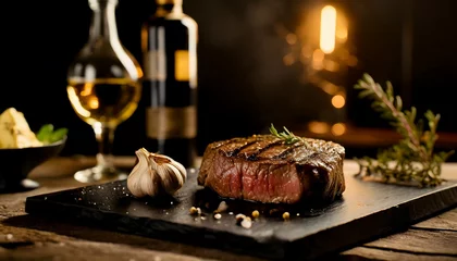 Foto op Canvas steak on a wooden board, grilled steak, beef steak close up, copyspace, banner © P.W-PHOTO-FILMS