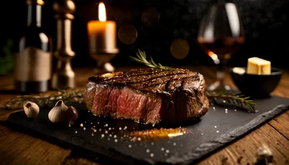  steak on a wooden board, grilled steak, beef steak close up, copyspace, banner © P.W-PHOTO-FILMS