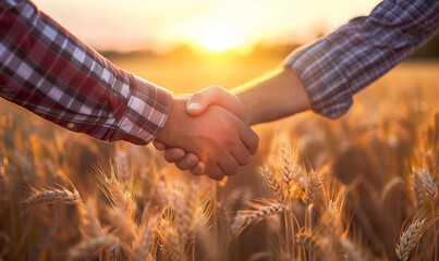 Two happy farmers shake hands wheat field under a clear blue sky. Two people in nature, wearing hats, are shaking hands wheat field under blue sky. natural landscape of the grassland makes them happy
